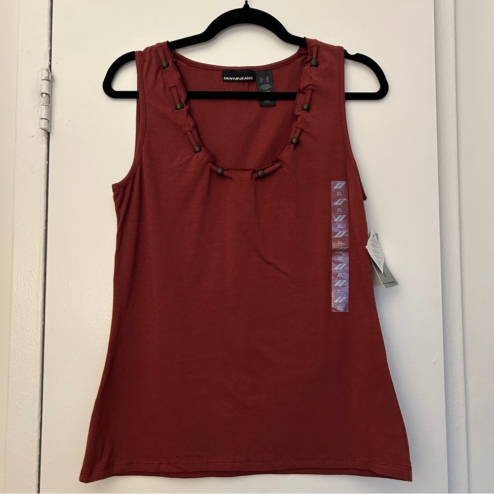 DKNY Jeans Tank Top Shirt with Beaded Neckline in Maroon (Size Extra Large)